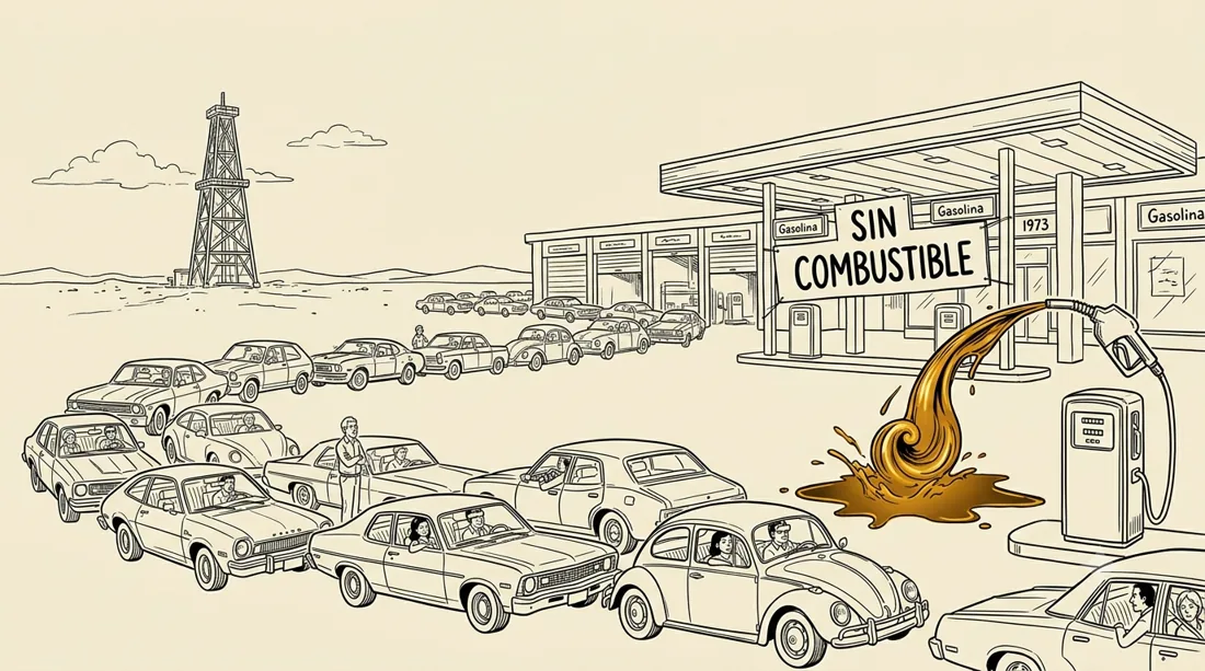 Ilustración: una fila de autos de los años 70 espera en una estación de servicio con un cartel de 'sin combustible'.
