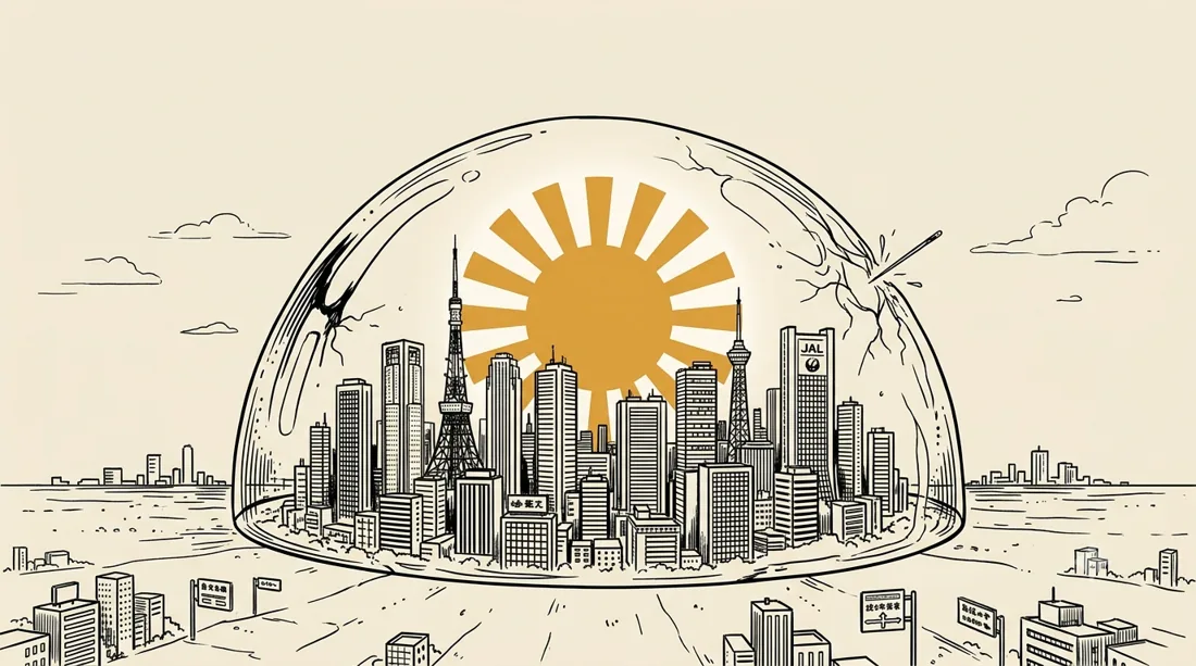 Ilustración: el skyline de Tokio dentro de una burbuja a punto de estallar, con un sol naciente.