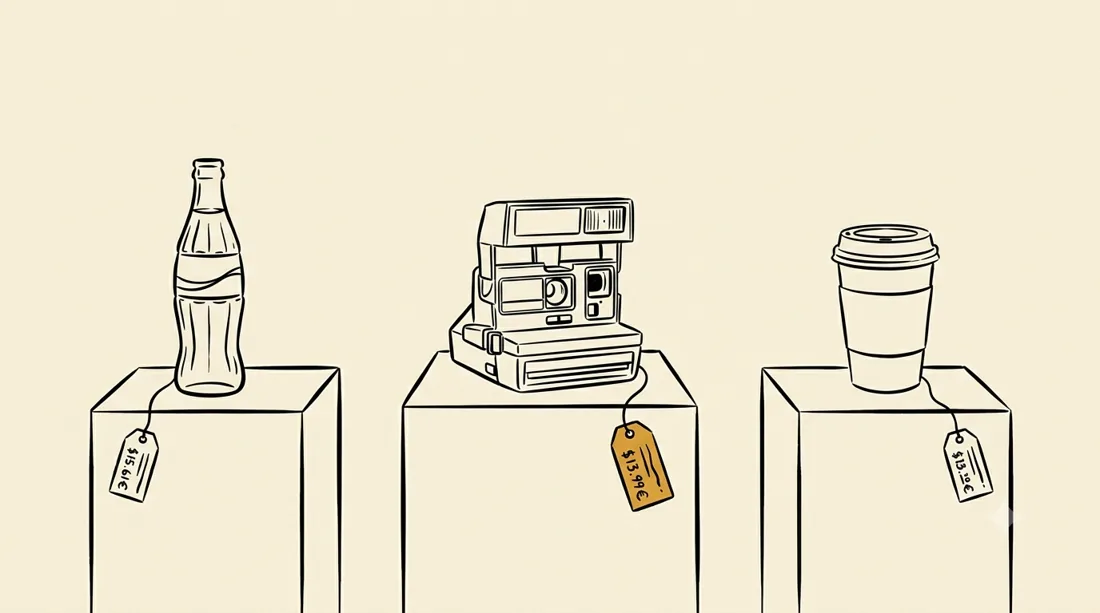 Ilustración: productos icónicos (gaseosa, cámara instantánea, café) sobre pedestales de museo con etiquetas de precio.