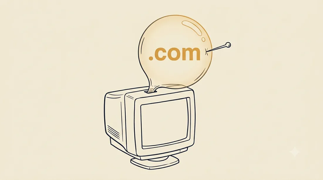 Ilustración: un monitor de computadora viejo del que sale una burbuja con '.com' y un alfiler acercándose.