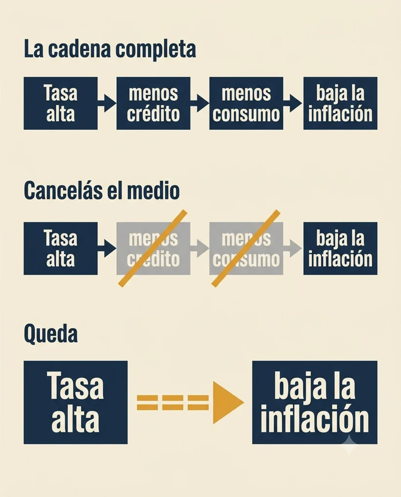 Diagrama: la cadena 'tasa alta → menos crédito → menos consumo → baja la inflación' se simplifica cancelando los pasos del medio hasta quedar 'tasa alta → baja la inflación'.