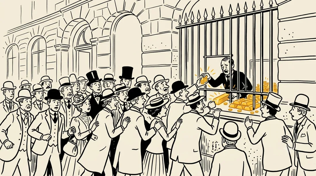 Ilustración de una corrida bancaria de principios del siglo XX: una multitud agolpada frente a la ventanilla de un banco mientras un cajero entrega oro.