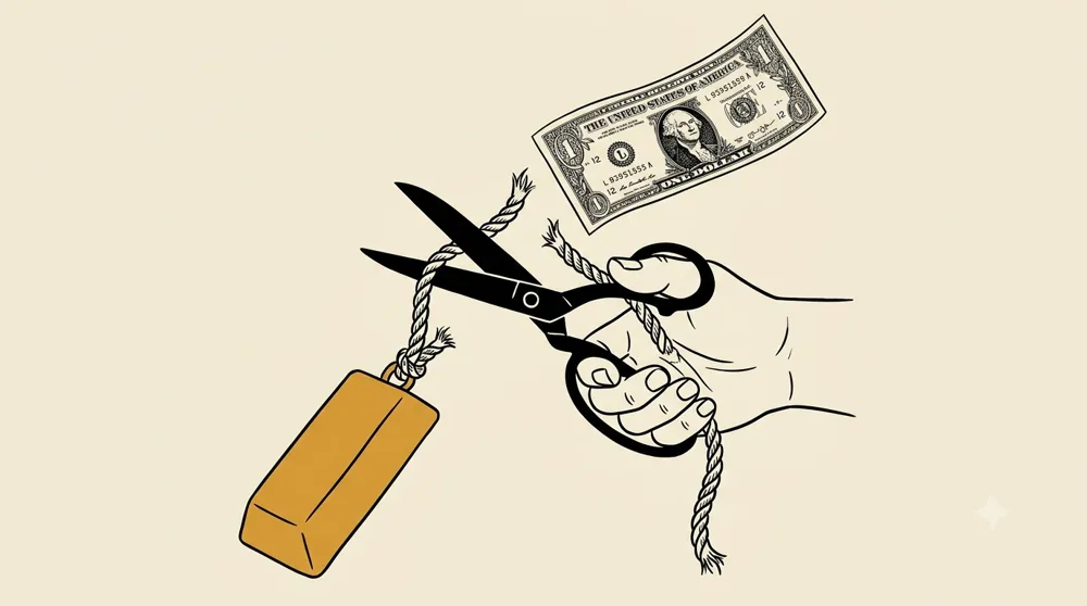 Ilustración: una mano corta con una tijera el lazo que unía un billete de dólar con un lingote de oro.