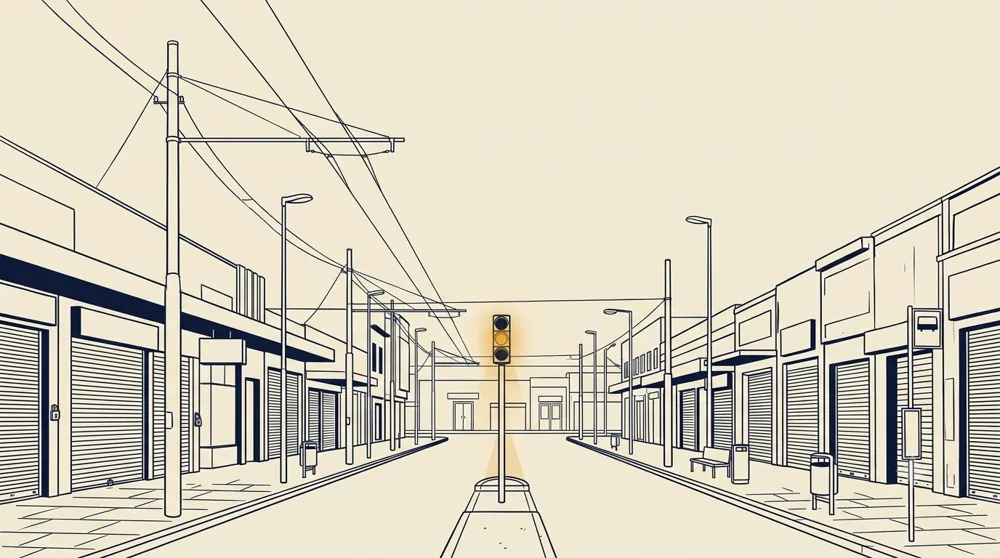 Ilustración: una avenida de ciudad completamente vacía, con las persianas de los comercios bajas.